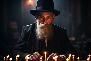 old jewish rabbi with long beard and hat in a synagogue by candlelight - obrazy, fototapety, plakaty