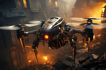 Fototapeta premium combat armed drone in war flies over burning ruins of a bombed city