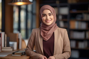 a muslin lady wearing hijab, coat and maroon shirt holding paper files in the hand, a teacher in front of building with blur background and some people walking around the building