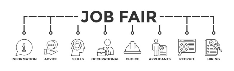 Job fair banner web icon vector illustration concept for employee recruitment and onboarding program with an icon of the information, advice, skills, occupational, applicants, recruit, and hiring