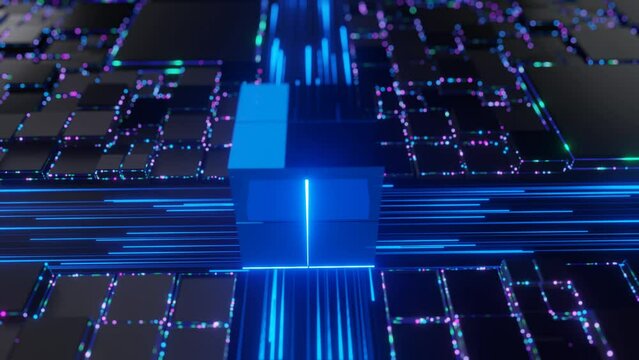 Abstract Sci-fi Cube with CPU Concept: Visualizing Digitalization Process on Circuit Board.