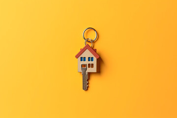 Key to the house on yellow background. Mortgage, home loan, investment, real estate, property concept - obrazy, fototapety, plakaty
