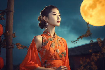 Beautiful girl next to the moon cheongsam, AI generated
