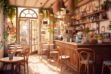 Interior of a beautiful and cozy cafe with empty chairs