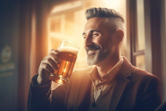 Happy man raising a glass of beer, retro style picture AI generated