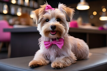 Groomed dog wearing a cute bow.