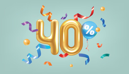 3D sale. 40 percent discount. Gift gold balloons for cute store. Confetti ribbons. Big promotion. Holiday special offer. Glossy numbers. Inflatable shapes. Vector shopping background