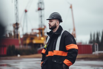 Serious thoughtful mature bearded Caucasian male man guy hardworking worker specialist workwear uniform helmet hardhat looking distance outside. Industrial factory background engineering businessman