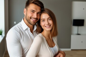 Obraz na płótnie Canvas Close up portrait cheerful wide smiling healthy white teeth happy Caucasian couple hugging hug men woman posing inside living room family buying home investing private property mortgage rent apartment
