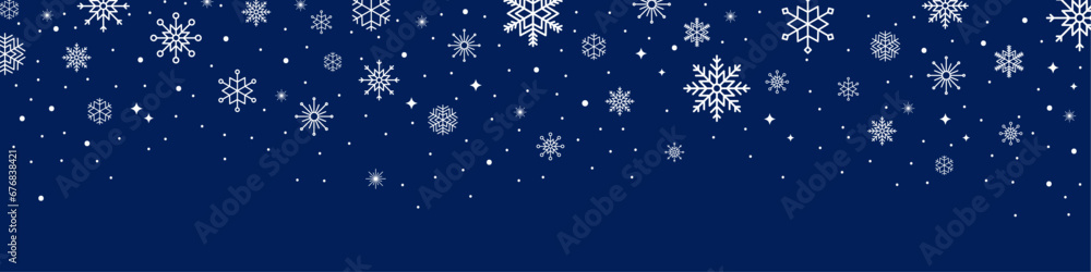 Poster Abstract winter pattern in dark blue color with white snowflakes and stars. Snowfall background. Vector graphics.