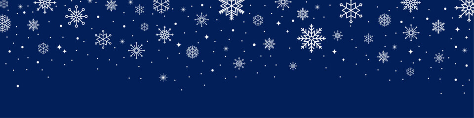 Fototapeta na wymiar Abstract winter pattern in dark blue color with white snowflakes and stars. Snowfall background. Vector graphics.