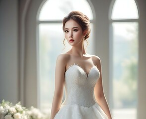 Beautiful bride in white wedding dress posing in the room with window