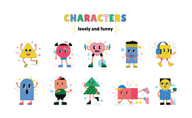 Cartoon expressions. Face shape icons, cute arm and leg, retro characters collection, abstract happy circles and squares. Happy and sad mascot. Vintage geometric emoji. Vector isolated design