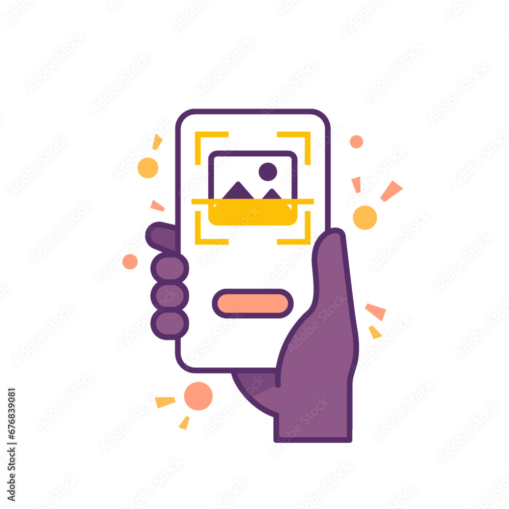 Poster scan image or photo vector icon with a phone in hand