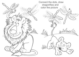 A logic game for children with cartoon characters
dragonfly, lion, lion cub. 
Connect the dots, draw dragonflies and color the picture.  Vector illustration for coloring book.