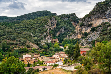 Panoramic view of the city of Tobera located between mountains in the north of Spain, Burgos.