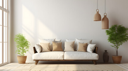 Rustic interior design of modern living room with beige fabric sofa and cushions. White wall with frame and space for text.