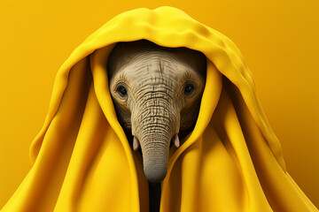 The elephant wears a yellow cape on a bright yellow background