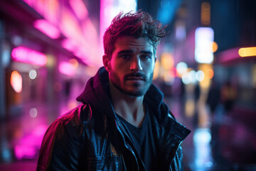 Obraz premium person in neon light at night created with Generative AI technology