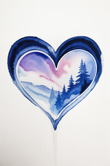 Watercolor abstract illustration of a winter landscape in a heart shape.