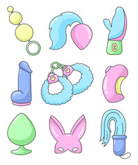 Adult toys, anal plugs, vibrator, dildo and mask, whip. Sex shop. Good vibes only. Hand drawn style. Vector drawing. Collection of design elements.