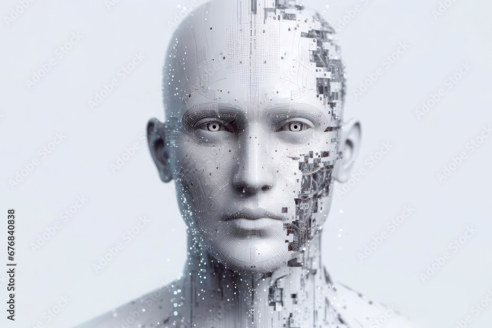 Aufkleber 3d render. human face transforming to robot. ai generative
