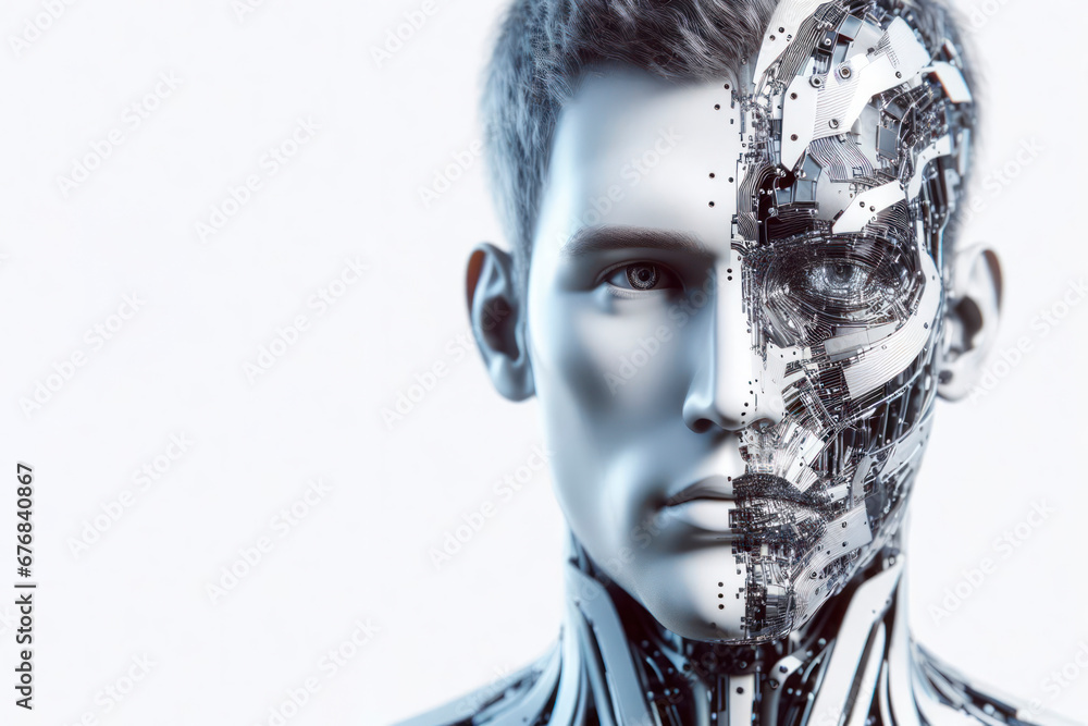Aufkleber 3d render. human face transforming to robot. ai generative