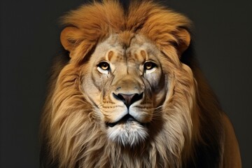 Portrait of a big male lion in front of a dark background