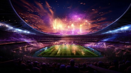 a soccer stadium with fireworks and people watching