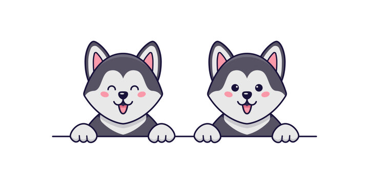 Two cute husky dogs smiling on white background. Cartoon vector illustration