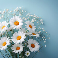 Beautiful daisies on a blue background with copy space. ai generative