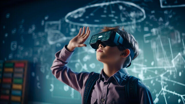 Smart schoolboy pupil with VR glasses studying at classroom. Simulation science. Student uses a virtual reality headset to study. A boy studies mathematic and geometry. Virtual gadget for