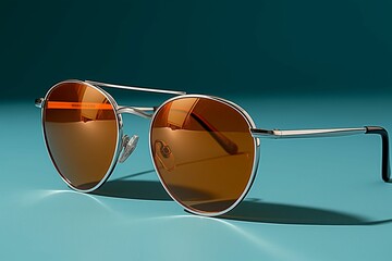 an sunglasses with silver trim on top of a blue background