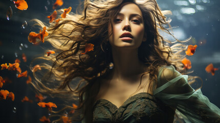 pretty woman in a dreaming scene under the water created with Generative AI technology