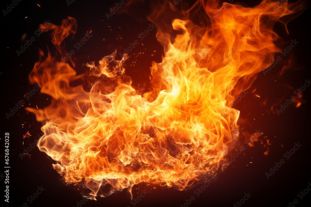 Poster vibrant and dynamic fire flames creating a mesmerizing display on a captivating black background