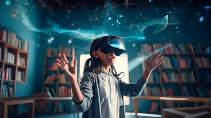 Smart school girl pupil with VR glasses googles studying the astronomy space and neural connections of the brain in the library at school. Simulation technology and science. Female student uses a