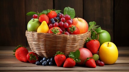 fresh and healthy fruits in straw basket. create using a generative ai tool 
