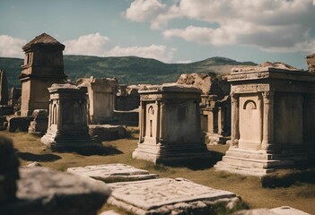 a view from behind the graves of an ancient cemetery on a clear day