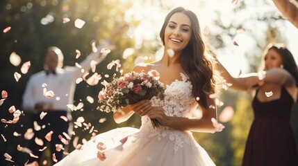 Obraz na płótnie Canvas Happy bride at wedding ceremony and people sprinkling flower petals. create using a generative ai tool 