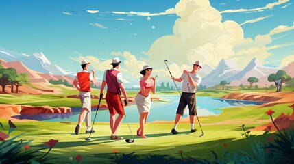 Obraz na płótnie Canvas Group of happy friends playing golf on the course. create using a generative ai tool 