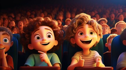 Happy smiling kids sitting in a movie theater and watching a movie. create using a generative ai...