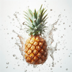 Falling pineapple fruit meets water in a splash on white background. ai generative