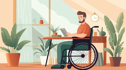 A middle-aged man in a wheelchair works from his home office. generative ai