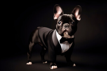 French Bulldog wearing tuxedo on black background. ai generative