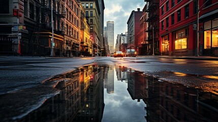 Street in New york city with puddles as reflection effect. generative ai - obrazy, fototapety, plakaty