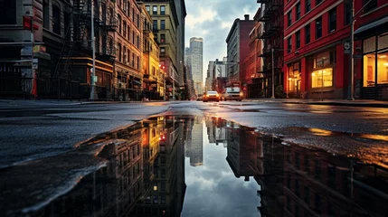 Fotobehang Street in New york city with puddles as reflection effect. generative ai © Ahtesham
