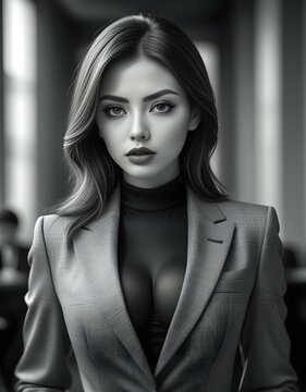 Portrait of a beautiful young woman in elegant suit,  Black and white photo