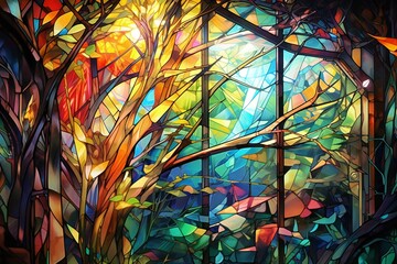 Colourful stained glass windows in a church,  Illustration