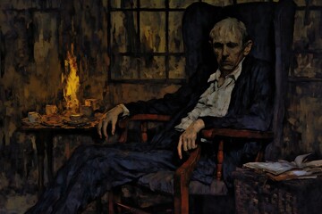 Creepy man in a dark room with a burning fireplace