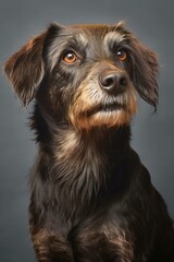 Portrait of a black and tan dachshund on a gray background